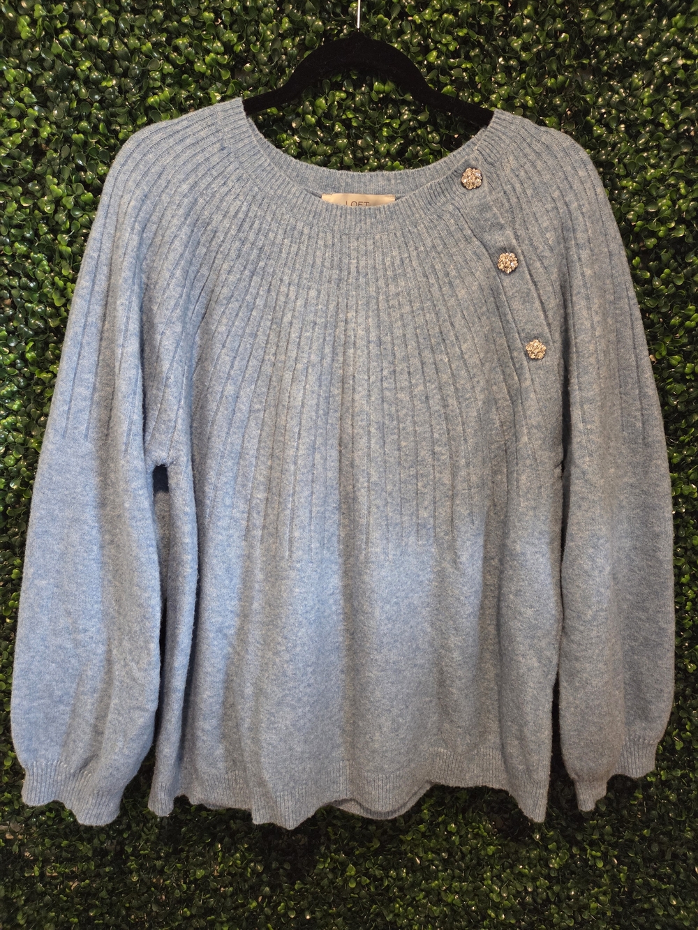 LOFT Sky Blue Ribbed Yoke Crewneck Sweater with Sparkle Buttons